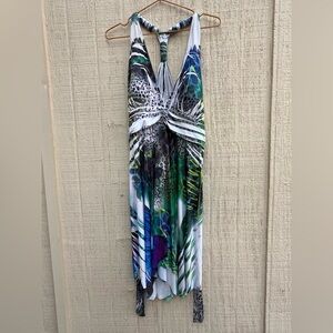 Multicolor animal & floral print vintage 90’s 00’s rhinestone open back dress